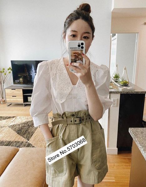 

elfstyle white hollow out embroidery patchwork big lapel blouse shirt top