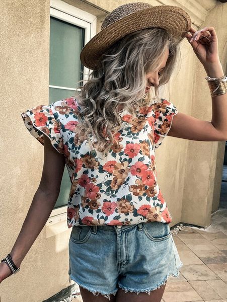 

floral print ruffle trim blouse e1d9#, White