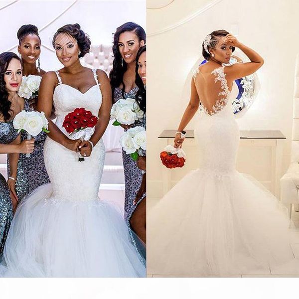 

2021 lace applique mermaid wedding dresses illusion back sweep train spaghetti straps custom made beach wedding gown vestido de novia, White