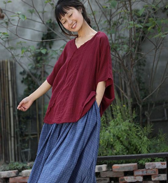 

women's blouses & shirts summer blouse women v-neck loose shirt cotton short sleeves solid red wine original vintage plus size, White