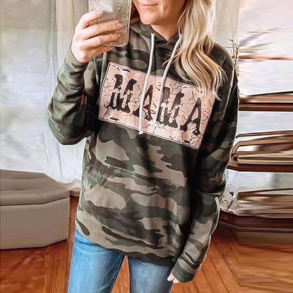 

women camouflage printed sweatshirt hoodies mom gifts letter hooded long sleeves pullover streetwear korean tracksuit sudaderas, Black
