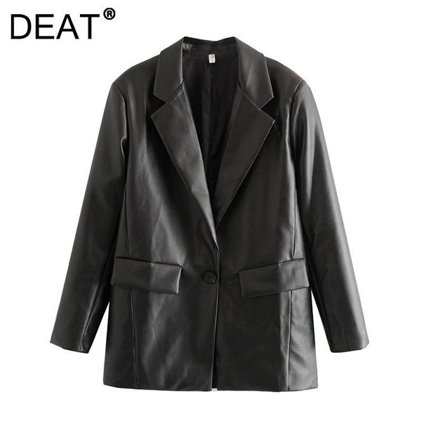 

women's leather & faux [deat] 2021 autumn fashion tide coat turn-down collar long sleeve single button loose pu jacket women 13z1728, Black