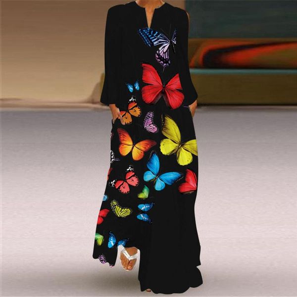 

casual dresses 2021 winter fall bohemian printed maxi dress women's sundress long vestidos female floral robe kaftan, Black;gray