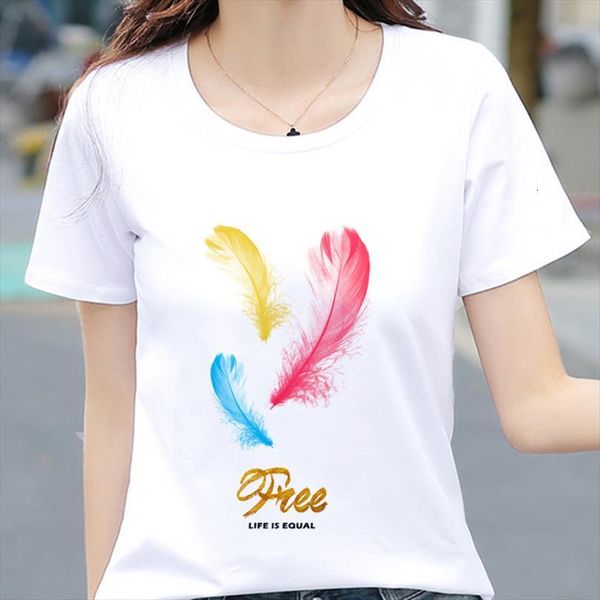 

summer femme feather printed men and womens thin section women short sleeve female clothing, White;black