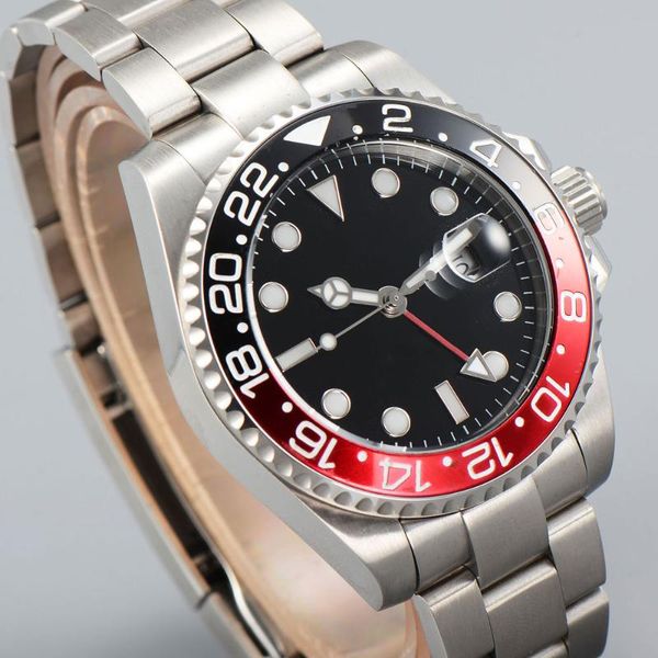 

wristwatches 43mm automatic men watch black red insert bezel brushed oyster strap gmt sapphire glass screwdown crown, Slivery;brown