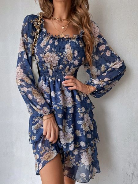 

floral print frill trim shirred layered hem dress e1rm#, Black;gray