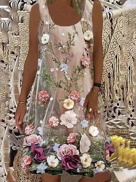 

plus size fashion loose casual womens dresses floral print sleeveless round neck summer dress, Black;gray