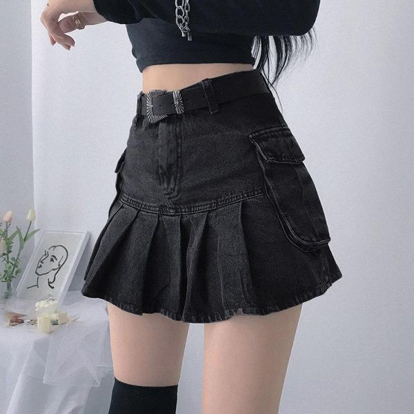 

skirts goth high waist jean aesthetics black denim pleated with big pockets punk style girl outfits