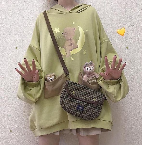 

2021 harajuku lolita bear baby graphic sweatshirt women kawaii clothes spring oversized loose thick hoodies long schoolgirl, Black