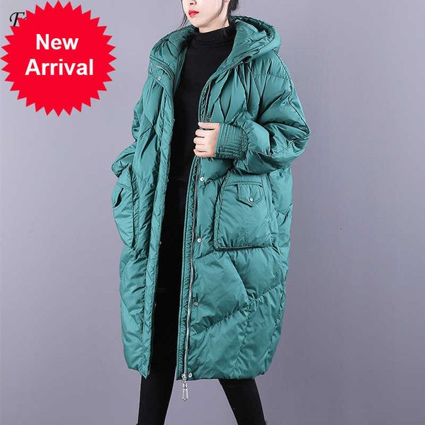 

fitaylor winter loose hooded long jacket women 90% white duck down coat hight quality bread parka thick warm splicing outwear, Black