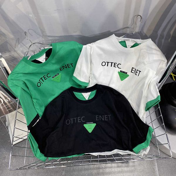 

2022 spring and summer new bv green true and false two piece t-shirt short sleeve triangular letter printing color matching loose half, White;black