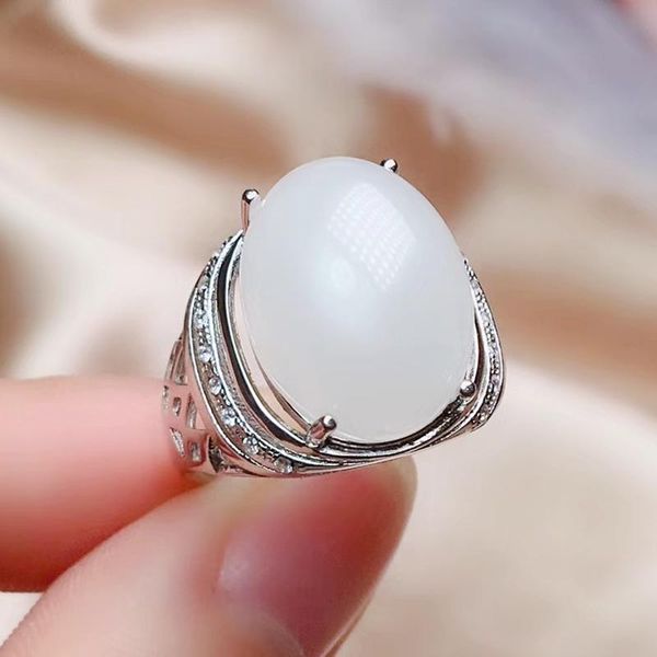 

cluster rings per jewelry men ring natural real white jade 12*16mm 12ct gemstone 925 sterling silver q2042938, Golden;silver