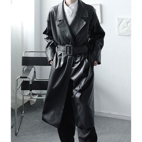 

men's trench coats male streetwear vintage fashion casual loose jacket outerwear belt buckle leather coat, Tan;black