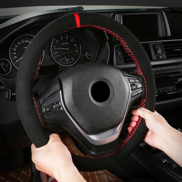 

steering wheel covers 38 cm 15 inch all-season universal red suede fashion sports hand-sewn cover car interior accessories