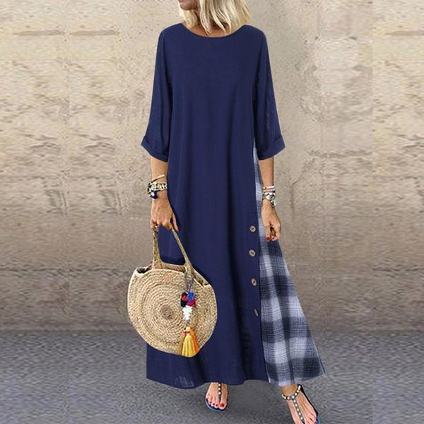 

casual dresses plaid vintage stitching dress women's maxi sundress 2021 summer half sleeve vestidos female plus size long, Black;gray