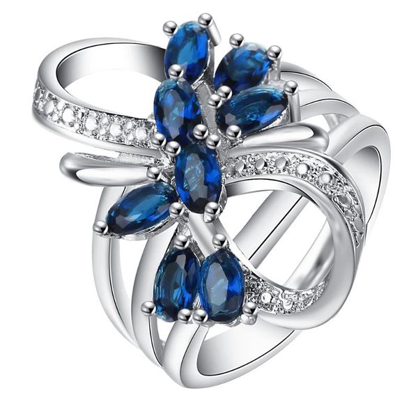 

wedding rings red flower plant jewelry distribution princess blue cubic zircon women luxury engagement ring, Slivery;golden