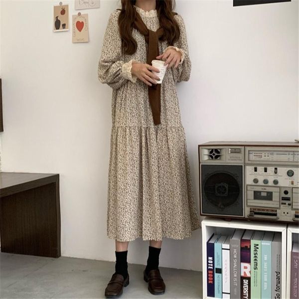 

casual dresses women elegant long dress 2021 fashion spring autumn print stand collar reato lady pleated vestidos r96, Black;gray