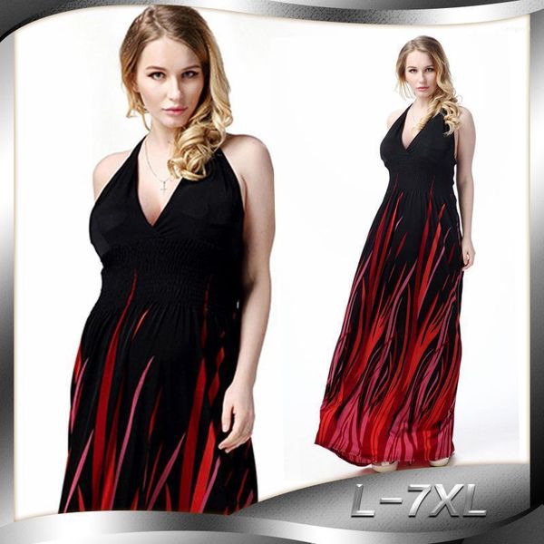 

plus size l-7xl v-neck strap evening long dress women bohemia summer beach holiday dresses big swing party clothing 20211, Black;gray