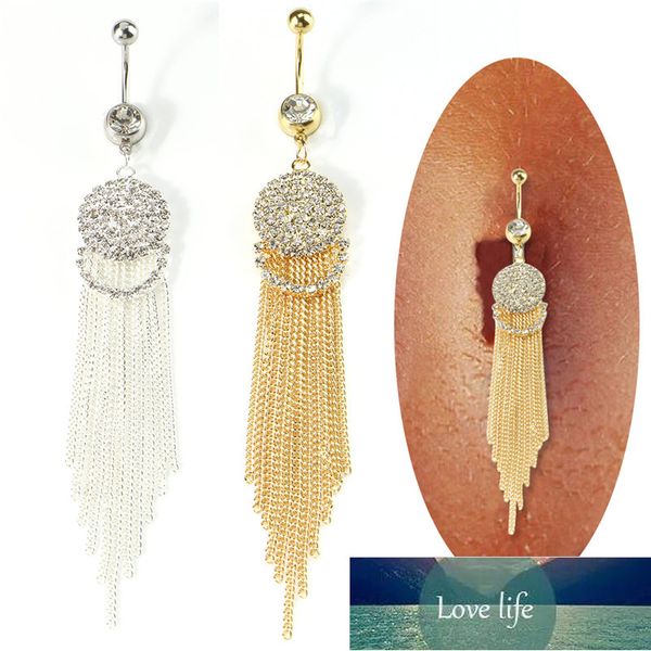

1pcs trendy long tassel belly button ring with rhinestone round pendant surgical steel navel piercing bell stud body jewelry factory price e, Silver