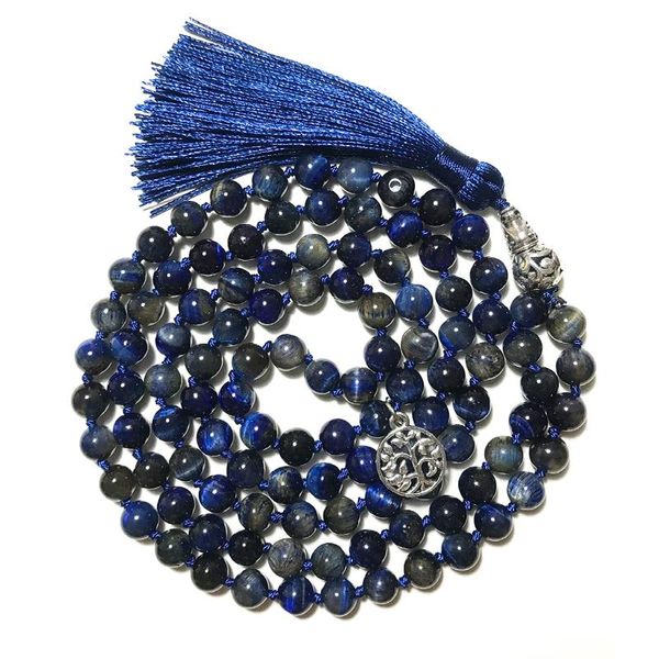

pendant necklaces 8mm natural lapis lazuli tiger eye stone beaded knotted necklace meditation yoga jewelry 108 japamala rosary tree of life, Silver