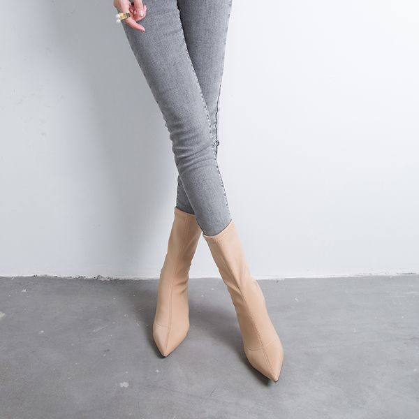 

black beige ankle elastic sock boots women pointed toe thin heel boots stretch women winter shoes booties woman