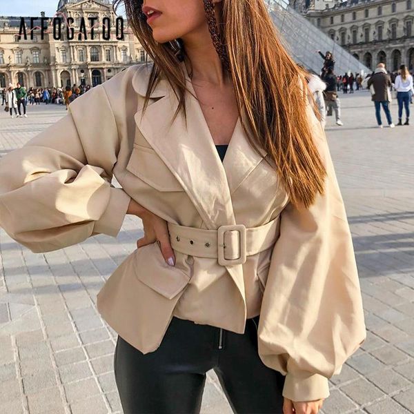 

women's jackets affogato chic solid autumn jacket women notched off shoulder sleeve short outwear coat high waist belt pocket design, Black;brown
