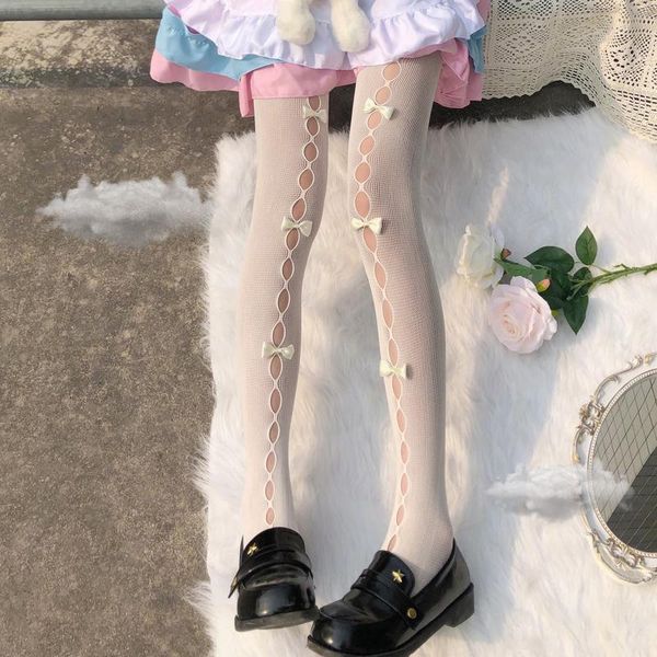 Socken Strumpfwaren Japan Stil süße Mädchen Strumpfhosen Strümpfe aushöhlen Netz Netzstrumpfhosen Lolita Kawaii süße handgemachte Schleife Seide Spitze
