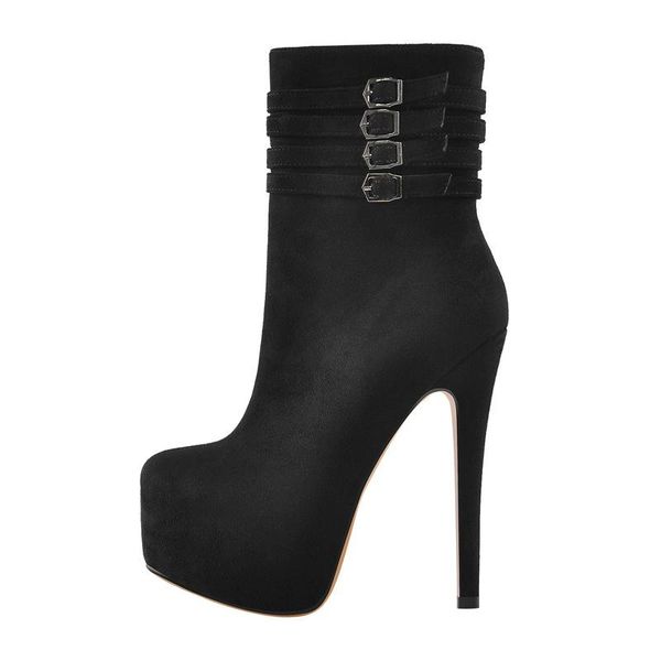 

boots richealnana women's round toe platform buckle chunky 13~14cm thin heel thick ankle side zip black shoes winter large size