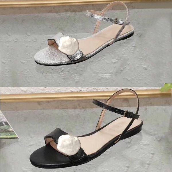 

classic lady sandals buckle metal buckle leather flat bottom beach woman shoes designer luxury women's sandals large size us11  42 41, Black