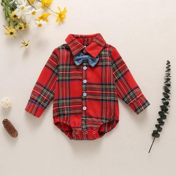 

rompers christmas baby boys gentleman bodysuits 2pcs set toddler lapel plaid button long sleeve romper + blue bow tie for children