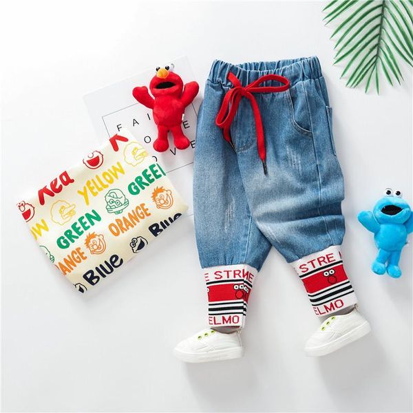 

jeans kids cartoon trousers pant brand girls children boys hole thread printing denim pants baby jean infant clothing, Blue