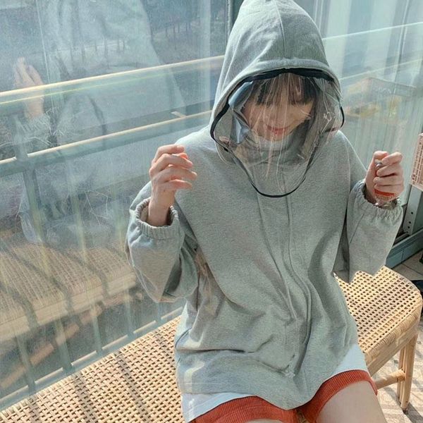 

gray casual sweatshirt for women hooded collar long sleeve patchwork loose sweatshirts female fashion now clothing, Black