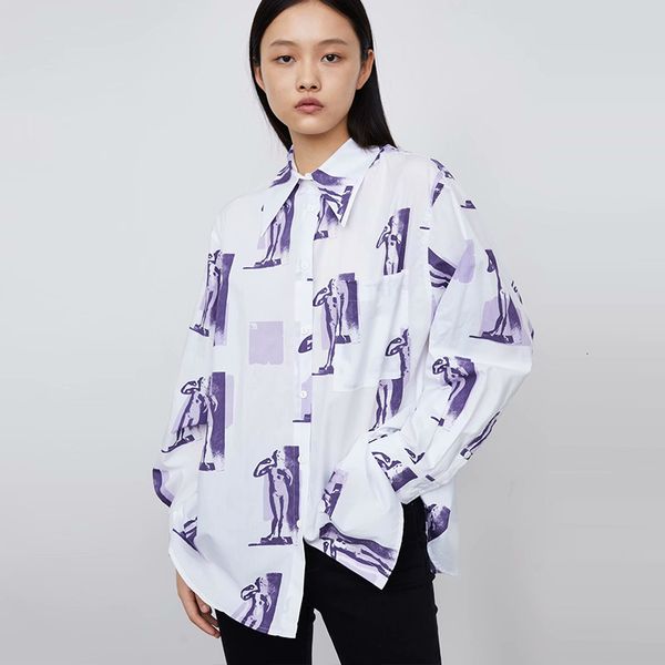 

2021 new women spring autumn abstract printed long-sleeved vintage turn down collar lady fashion outerwear shirts udyo, White