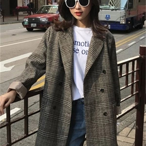 

spring new women's version of the ladies jacket female long section plaid retro small suit fashion s6p2, White;black