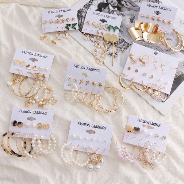 

hoop & huggie 6 pcs fashion 2021 vintage pearl earrings for women long tassel butterfly dangle drop punk jewelry trend gift, Golden;silver
