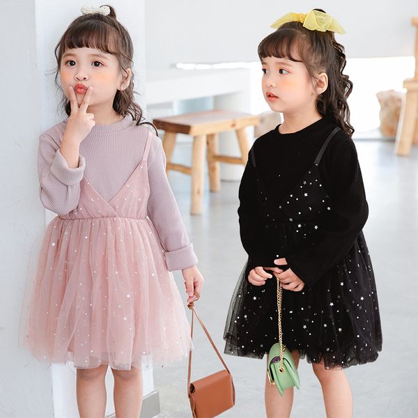 

spring baby clothes 2020 girls dresses children fake two sequin five-pointed stars skirt pettiskirt lace tutu mesh suspender dress m339, Red;yellow