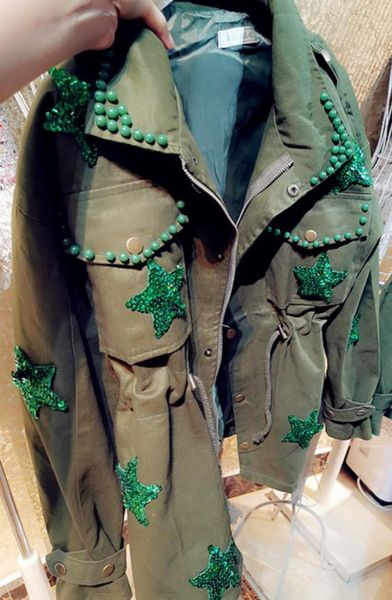 

2021 new sale bomber jaquetas feminino jacket casaco women's army overalls wind heavy industry hand beaded stars cotton women, Black;brown