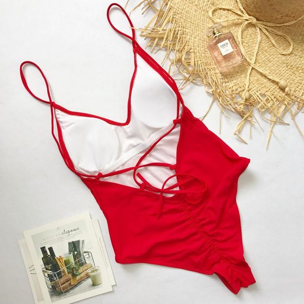 

one-piece suits red swimwear women one piece swimsuit string bandage bikini 2021 yellow padded swimming bathing suit 9 color cute badpa