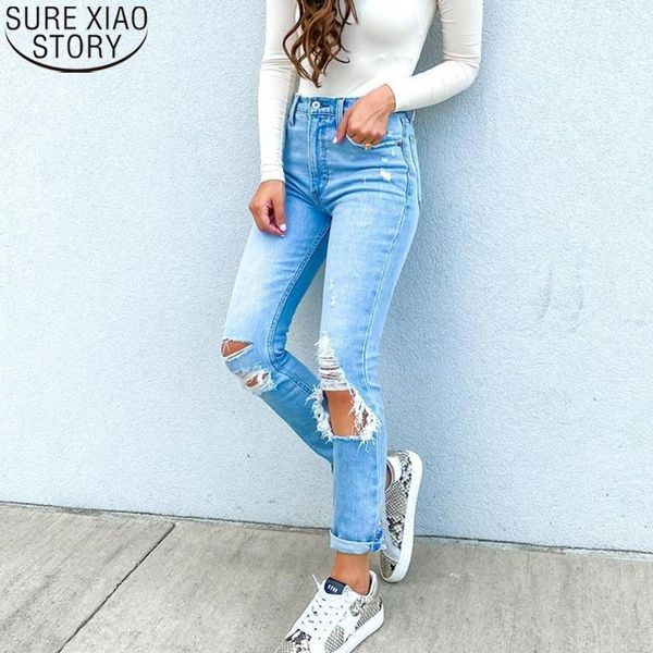 

women's jeans 2021 fashion personality thin denim women pants summer straight high waist ripped bleached wash 15321, Blue