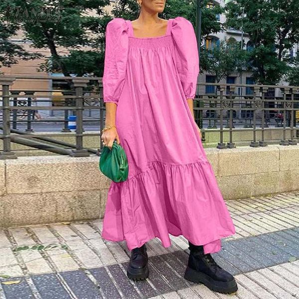 

casual dresses loose patchwork women pleated puff sleeve slash neck robe solid commute ladies vestidos streetwear, Black;gray