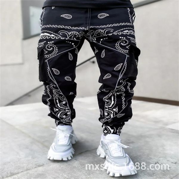 

men's pants printed cashew flower casual sport harlem loose high street multi-bag cargo cotton trousers, Black