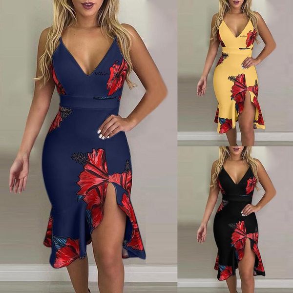 

casual dresses 2021 women summer dress v-neck elegant flower print vestidos sleveeless party spaghetti strap slim robe femme, Black;gray