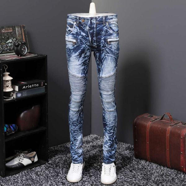 

spring and autumn locomotive zou jeans men's slim little feet trend splicing long pants punk casual pleatswinter, Blue