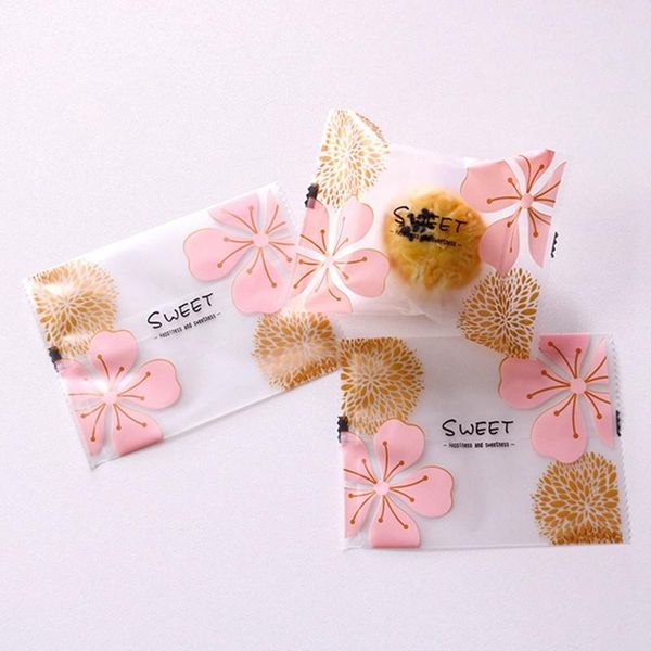 

gift wrap 100pcs 11.5*8cm pink cherry blossoms heat seal cookie packaging bag for bakery biscuits candy muffin packing
