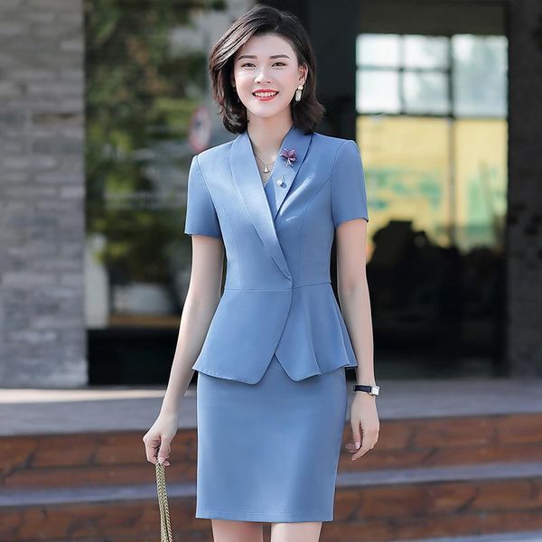 

two piece dress summer women's suit skirt suits two-piece short-sleeved blazer+skirt casual professional wear, White