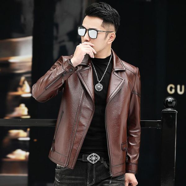 

men's leather & faux 2021 haining jacket suit collar youth motorcycle, Black