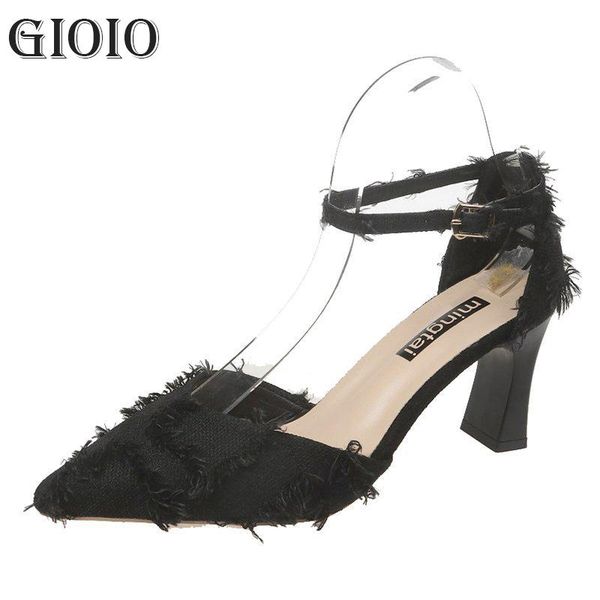 

dress shoes gioio fashion women heel luxury heeled pointed thick high heels banquet wedding white baotou sandals woman, Black