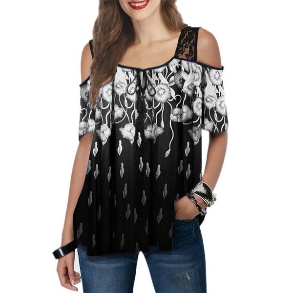 

women's t-shirt summer lace sling floral printing off shoulder short sleeve t shirt women elegant casual loose streetwear, White