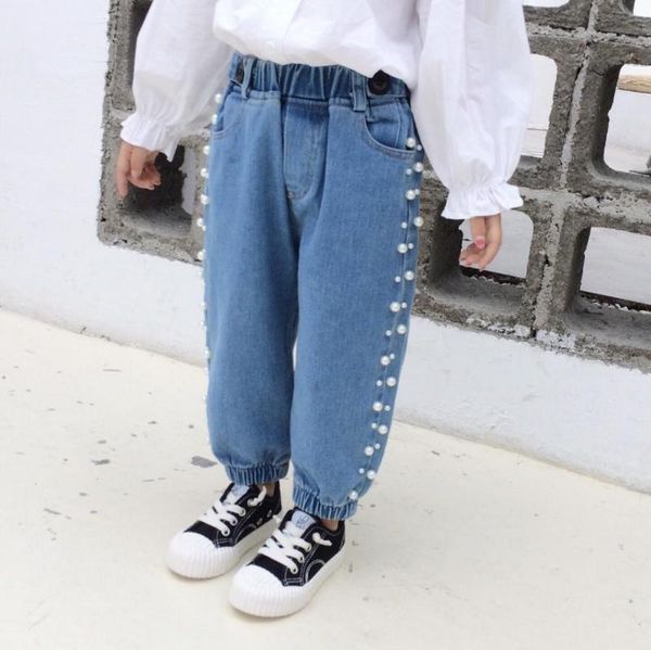 

jeans children's beading for girls solid denim casual kids pants spring autumn trousers 6 8 10 12 14 years, Blue