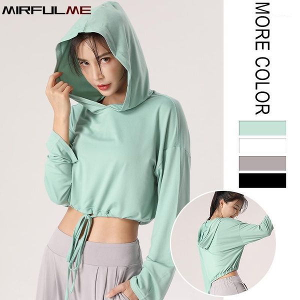 

women sports hoodies long sleeves t-shirts drawstring running hooded sportwear elastic gym workout loose yoga shirts female outfit